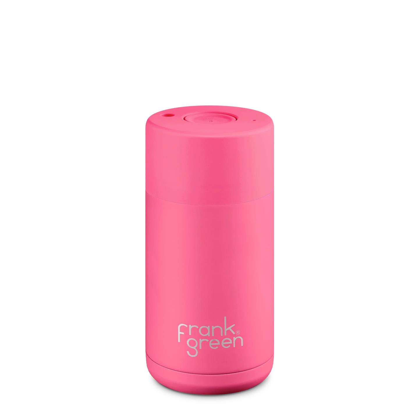 frank green 12oz Ceramic Cup with Push Button Lid Neon Pink